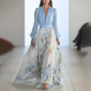 Printed Long Sleeved V-neck Patchwork Dress